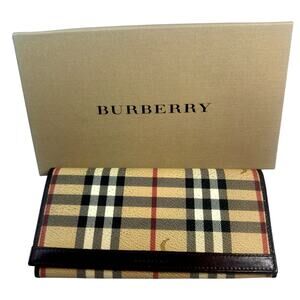Burberry Nova Check Long Wallet Brown Leather Trim w/ Box
